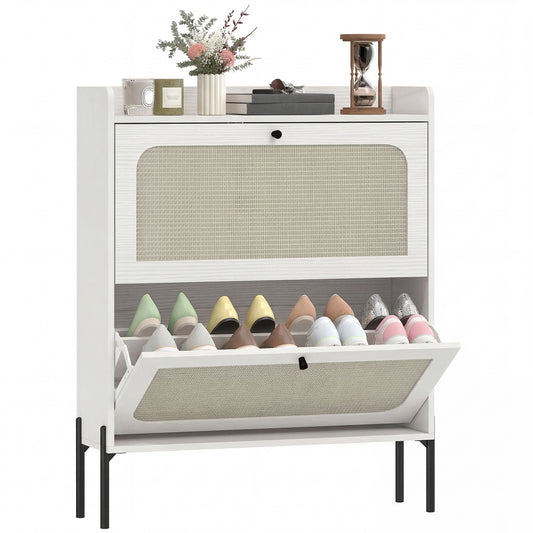Shoe Cabinet with 2 Flip Drawers, Boho Narrow Shoe Storage Cabinet, White